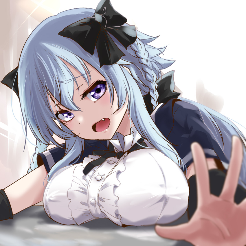 1girl, arms_up, assault_lily, bed_sheet, black_bow, black_capelet, black_ribbon, black_sleeves, blue_hair, blurry, blurry_foreground, bow, braid, breasts, buttons, capelet, center_frills, commentary_request, covered_erect_nipples, depth_of_field, detached_sleeves, fang, frilled_shirt, frilled_shirt_collar, frills, gradient_background, grey_background, hair_between_eyes, hair_bow, highres, large_breasts, long_hair, long_sleeves, looking_at_viewer, lying, mori_tatsuki, neck_ribbon, on_stomach, open_hand, open_mouth, outstretched_arms, purple_eyes, ribbon, school_uniform, shirt, sidelocks, solo, twin_braids, upper_body, urutsu_sahari, white_background, white_shirt, yurigaoka_girls_academy_school_uniform