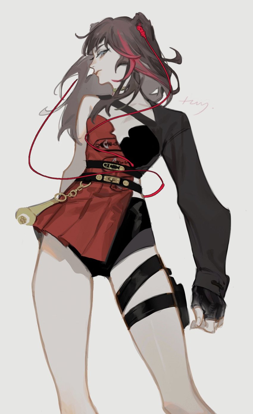 1girl, animal_ears, arknights, arm_at_side, arm_behind_back, belt, black_gloves, black_hair