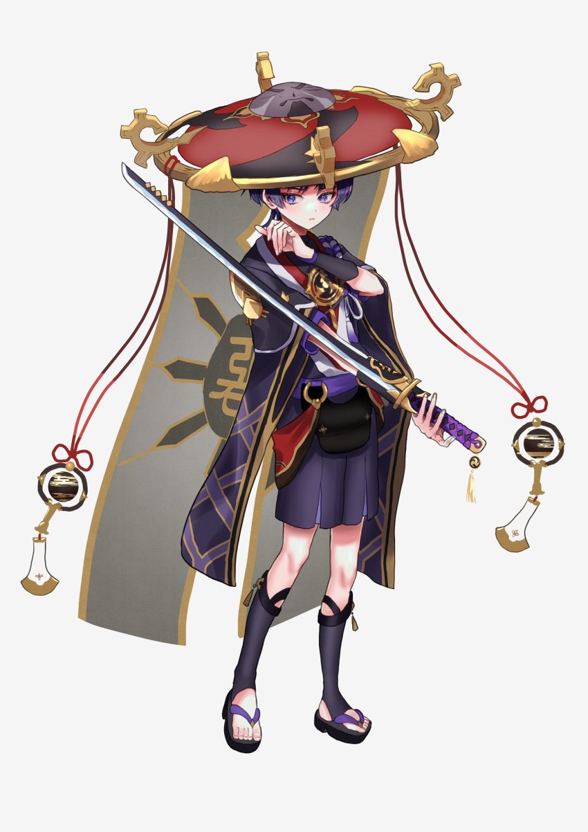 1boy, amenoma_kageuchi_(genshin_impact), arm_guards, armor, black_hat, black_socks, blackchild_owl, blunt_ends