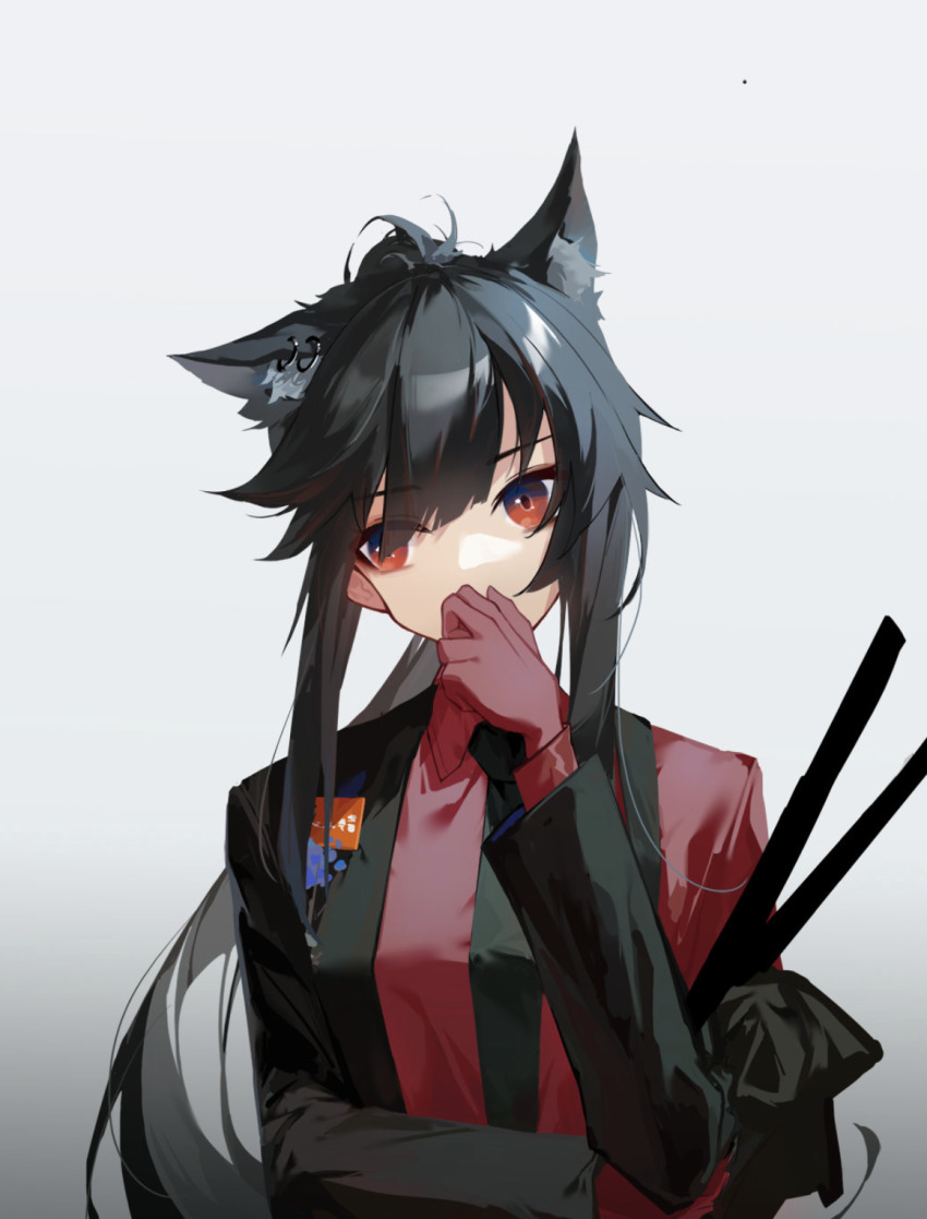 1girl, animal_ear_fluff, animal_ears, arknights, black_hair, black_jacket, black_necktie, breasts