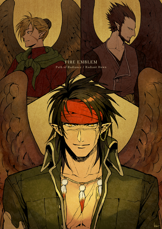 3boys, akke, beard, black_hair, black_shirt, brown_hair, brown_vest, brown_wings