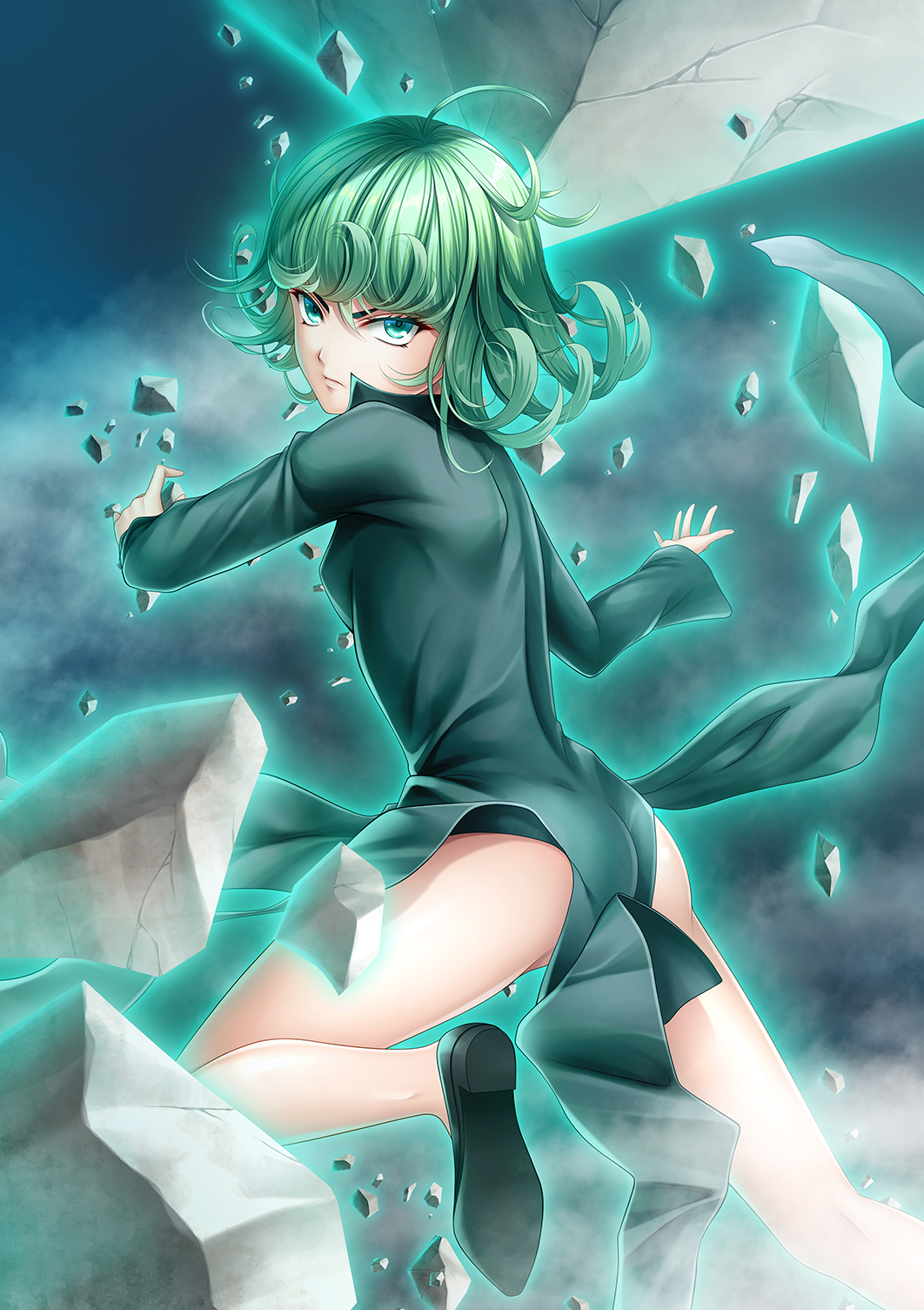 1girl, ahoge, ass, bare_legs, black_dress, black_footwear, blue_eyes, closed_mouth, dress, floating_hair, frown, green_hair, hair_between_eyes, highres, long_hair, looking_at_viewer, one-punch_man, side_slit, solo, tatsumaki, tomosatooon