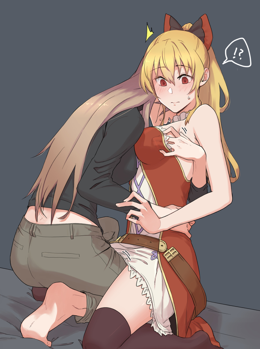 !?, 2girls, absurdres, bare_arms, barefoot, bed_sheet, black_bow, black_legwear