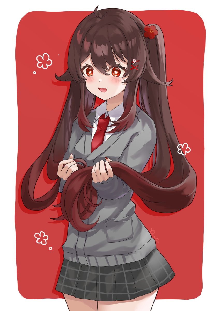 1girl, blush, brown_hair, flower, flower-shaped_pupils, genshin_impact, gradient_hair, hair_between_eyes