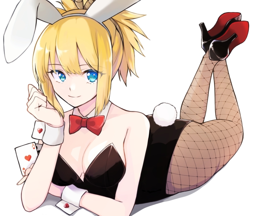 1girl, alternate_costume, animal_ears, ass, bare_shoulders, black_leotard, blonde_hair, blue_eyes, bow, bowtie, breasts, closed_mouth, detached_collar, dr._stone, fake_animal_ears, fake_tail, fishnet_pantyhose, fishnets, high_heels, kohaku_(dr._stone), large_breasts, leotard, looking_at_viewer, lying, maru_(pixiv51714255), on_stomach, pantyhose, playboy_bunny, rabbit_ears, rabbit_tail, simple_background, smile, solo, strapless, strapless_leotard, tail, the_pose, white_background, wrist_cuffs