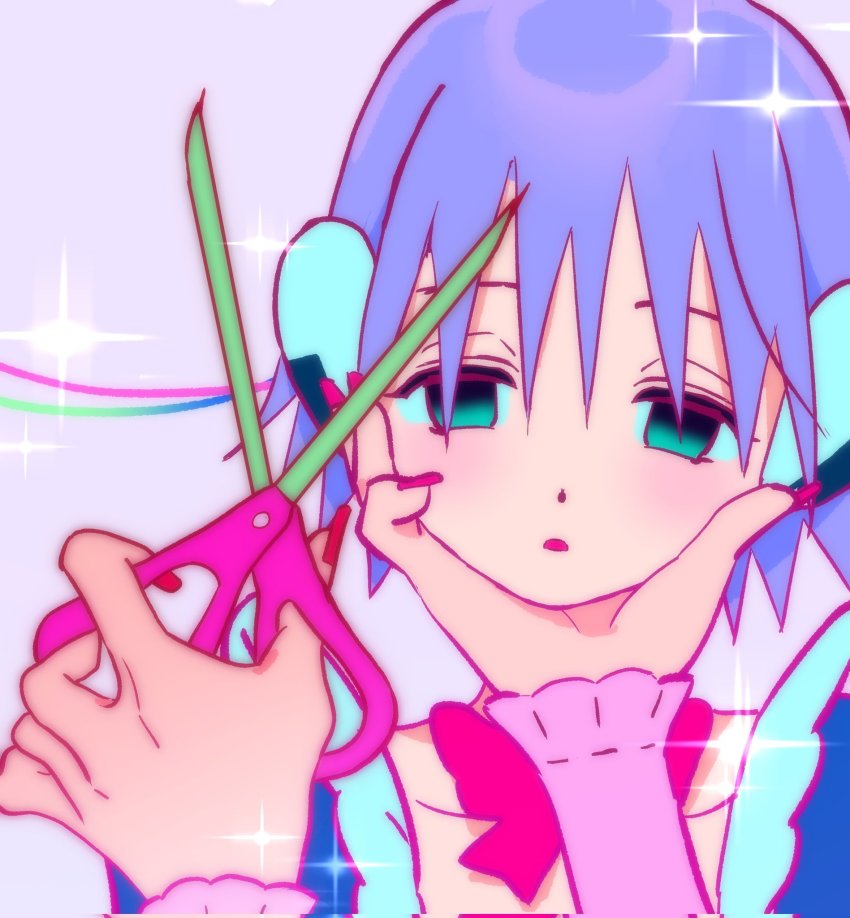 2girls, aqua_eyes, empty_eyes, expressionless, hand_on_another's_face, highres, holding, holding_scissors