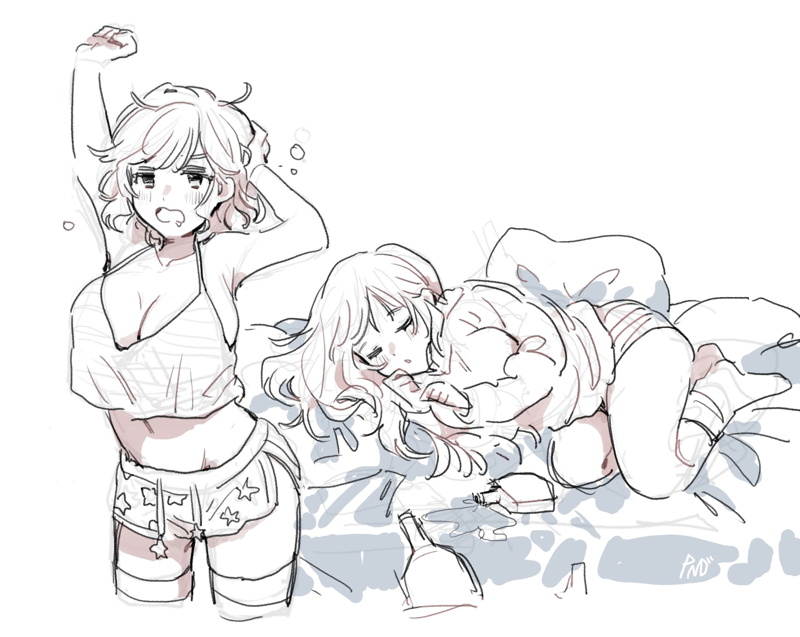 2girls, america_(female)_(hetalia), america_(hetalia), axis_powers_hetalia, bed, beer_bottle, breasts, curled_up, dkdmis, drawstring, genderswap, genderswap_(mtf), hangover, large_breasts, messy_sleeper, multiple_girls, russia_(female)_(hetalia), russia_(hetalia), saliva, short_hair, sketch, sleeping, star_(symbol), star_print, stretching, yawning