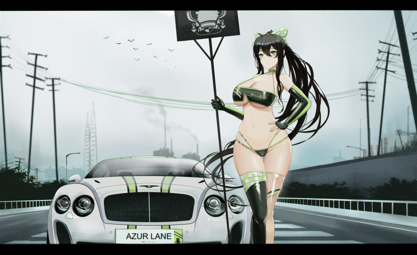 1girl, absurdres, alternate_costume, alternate_hairstyle, azur_lane, bentley, bentley_continental_gt, bikini, bird, black_hair, bow, breasts, car, chimney, cleavage, copyright_name, cowboy_shot, elbow_gloves, gloves, green_eyes, green_nails, hair_bow, hair_ribbon, hand_on_own_hip, high_ponytail, highres, indomitable_(azur_lane), kcar66t, large_breasts, license_plate, long_hair, motor_vehicle, nail_polish, ponytail, product_placement, race_queen, ribbon, road, royal_navy_emblem_(azur_lane), see-through_bikini, see-through_clothes, sign, smoke, smoke_trail, swimsuit, thighhighs, two-tone_gloves, underboob, very_long_hair