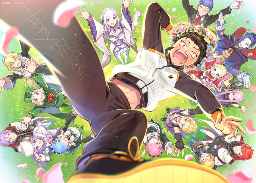 2022, 6+boys, 6+girls, \o/, anastasia_hoshin, arms_up, beatrice_(re:zero), birthday, black_hair, blonde_hair, blue_eyes, blue_hair, blurry, blush, butterfly-shaped_pupils, chin_(re:zero), closed_mouth, commentary, cross_scar, depth_of_field, emilia_(re:zero), falling_petals, felt_(re:zero), foreshortening, frederica_baumann, from_above, garfiel_tinsel, green_eyes, grin, hair_slicked_back, hand_on_own_hip, happy, happy_birthday, head_wreath, highres, jacket, julius_juukulius, kumuo_(mirakurufusao), long_hair, looking_at_viewer, looking_up, maid, makeup, medium_hair, midair, monocle, multiple_boys, multiple_girls, natsuki_subaru, open_mouth, otto_suewen, outstretched_arms, petals, pink_hair, puck_(re:zero), purple_hair, raised_eyebrows, ram_(re:zero), re:zero_kara_hajimeru_isekai_seikatsu, red_hair, reinhard_van_astrea, rem_(re:zero), roswaal_l._mathers, roswaal_mansion_maid_uniform, ryuzu_meyer, scar, scar_on_face, short_hair, smile, split_mouth, symbol-shaped_pupils, teeth, track_jacket, track_suit, yellow_eyes