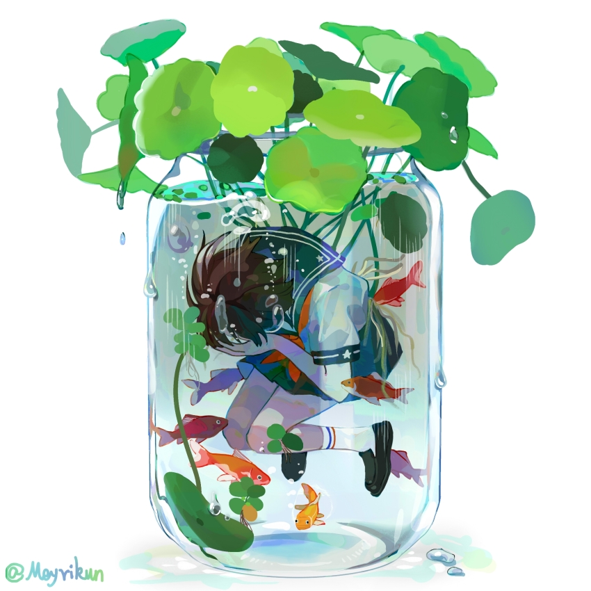 1girl, air_bubble, ankle_socks, asphyxiation, black_shoes, blue_skirt, brown_hair, bubble, covering_face, drowning, fish, floating, goldfish, highres, in_container, in_water, jar, lily_pad, meyrikun, neckerchief, orange_neckerchief, original, pleated_skirt, sailor_collar, school_uniform, serafuku, shirt, shoes, short_hair, short_sleeves, signature, skirt, socks, solo, submerged, underwater, white_background, white_shirt, white_socks