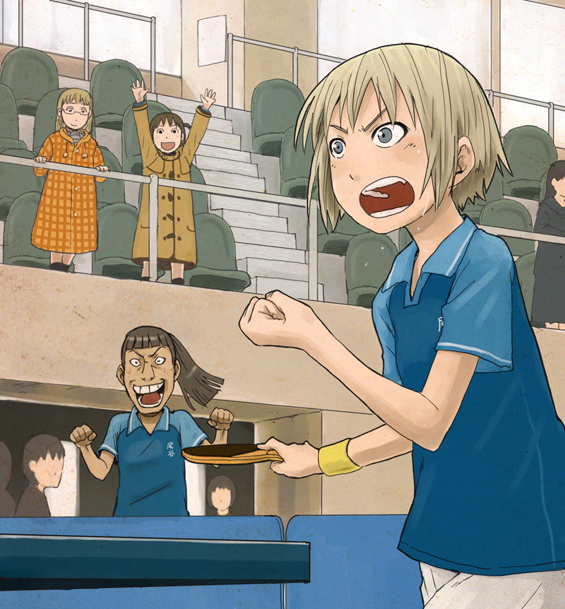 4girls, arashiyama_hotori, blonde_hair, blunt_bangs, bob_cut, brown_hair, clenched_hand, clenched_hands