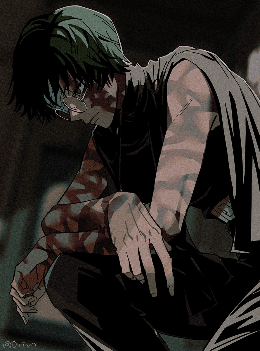 1girl, bandage_over_one_eye, belt, black_hair, black_pants, black_shirt, brown_eyes, burn_scar, closed_mouth, cowboy_shot, glasses, highres, jujutsu_kaisen, looking_away, marutiyo, one_eye_covered, pants, poncho, round_eyewear, scar, shirt, short_hair, sleeveless, solo, spoilers, zen'in_maki, zen'in_maki_(post_shibuya)