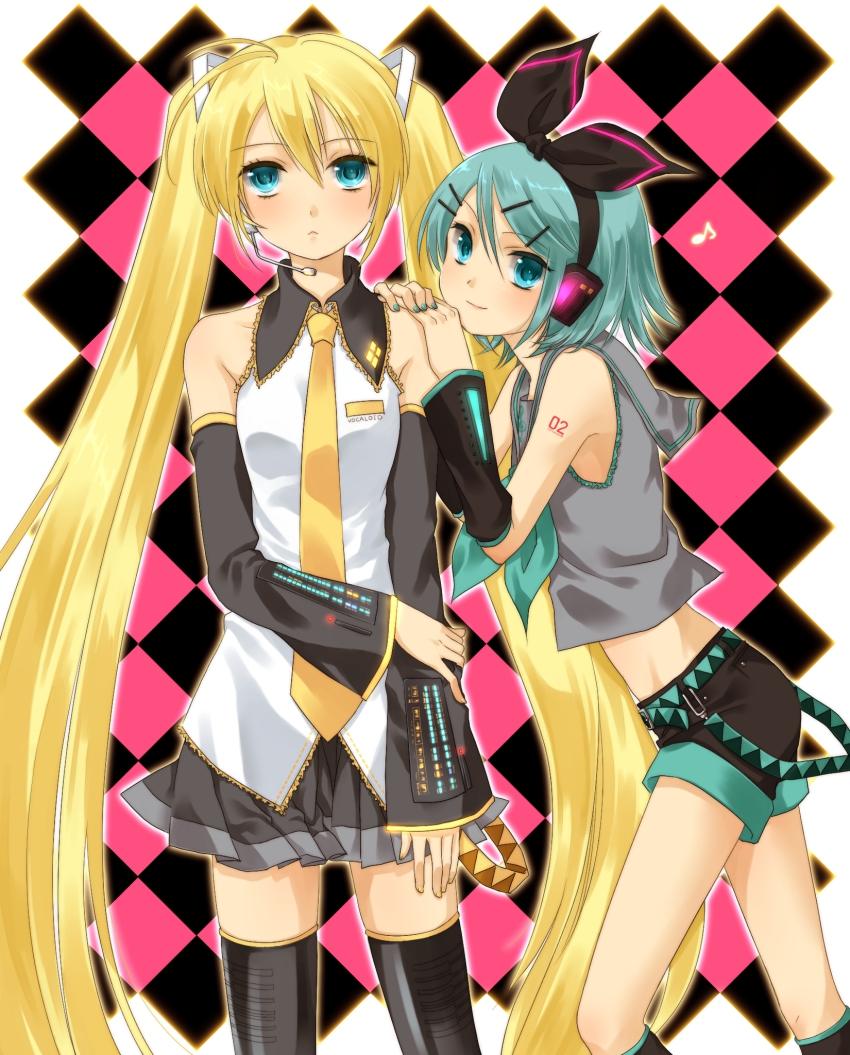 2girls, alternate_color, alternate_costume, alternate_hair_color, aqua_eyes, aqua_hair, bad_id, bad_pixiv_id, black_thighhighs, blonde_hair, blush, cosplay, costume_switch, detached_sleeves, hair_ornament, hair_ribbon, hairclip, hatsune_miku, headphones, headset, highres, kagamine_rin, long_hair, multiple_girls, okitsune_(okitsune-sama), ribbon, sakasama_rainbow_(vocaloid), short_hair, skirt, smile, thighhighs, twintails, very_long_hair, vocaloid, zettai_ryouiki