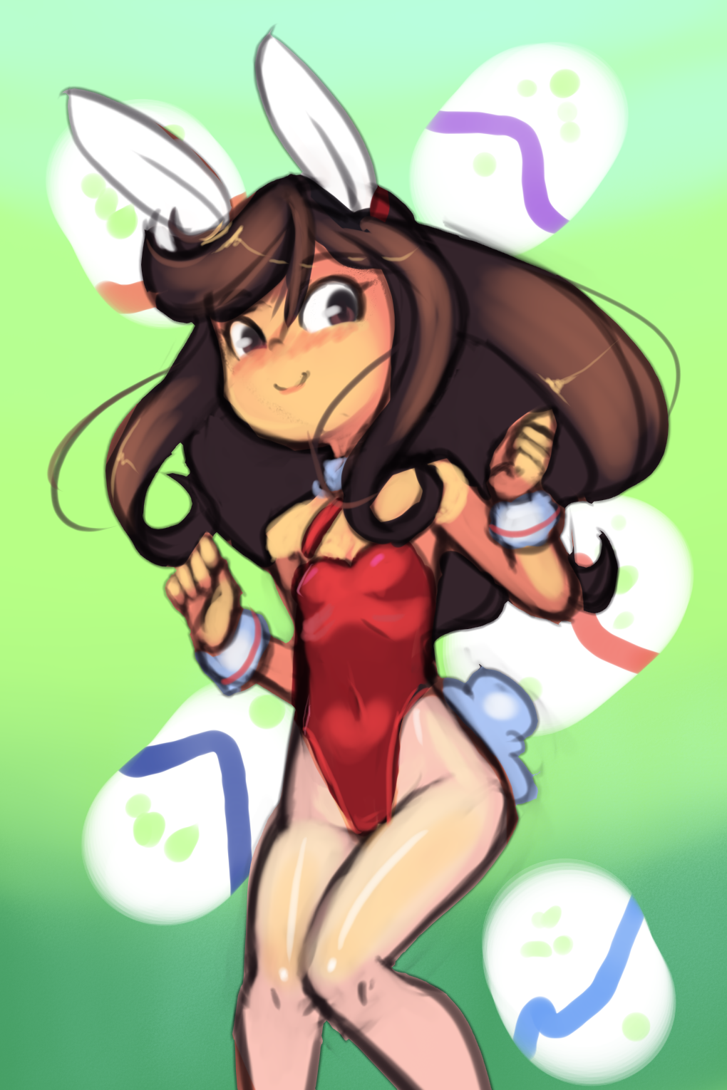 1girl, animal_ears, blush, brown_eyes, brown_hair, detached_collar, drantyno, easter