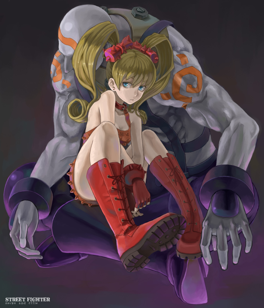 1boy, 1girl, albino, blonde_hair, blue_eyes, boots, capcom, choker, couple, effie_(street_fighter), english_text, fingerless_gloves, gloves, hetero, highres, metalinu, muscular, necro_(street_fighter), photoshop_(medium), sitting, street_fighter, street_fighter_iii_(series), twintails