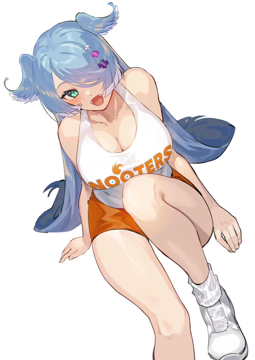 1girl, absurdres, bad_id, bad_twitter_id, bare_shoulders, blue_hair, breasts, cleavage