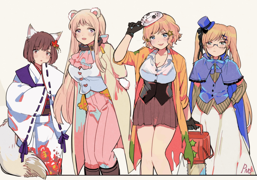 4girls, adapted_costume, america_(female)_(hetalia), america_(hetalia), animal_ear_fluff, animal_ears, ascot, axis_powers_hetalia