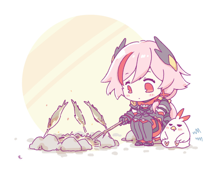 1girl, armor, armored_boots, boots, campfire, chinese_armor, closed_mouth, fish