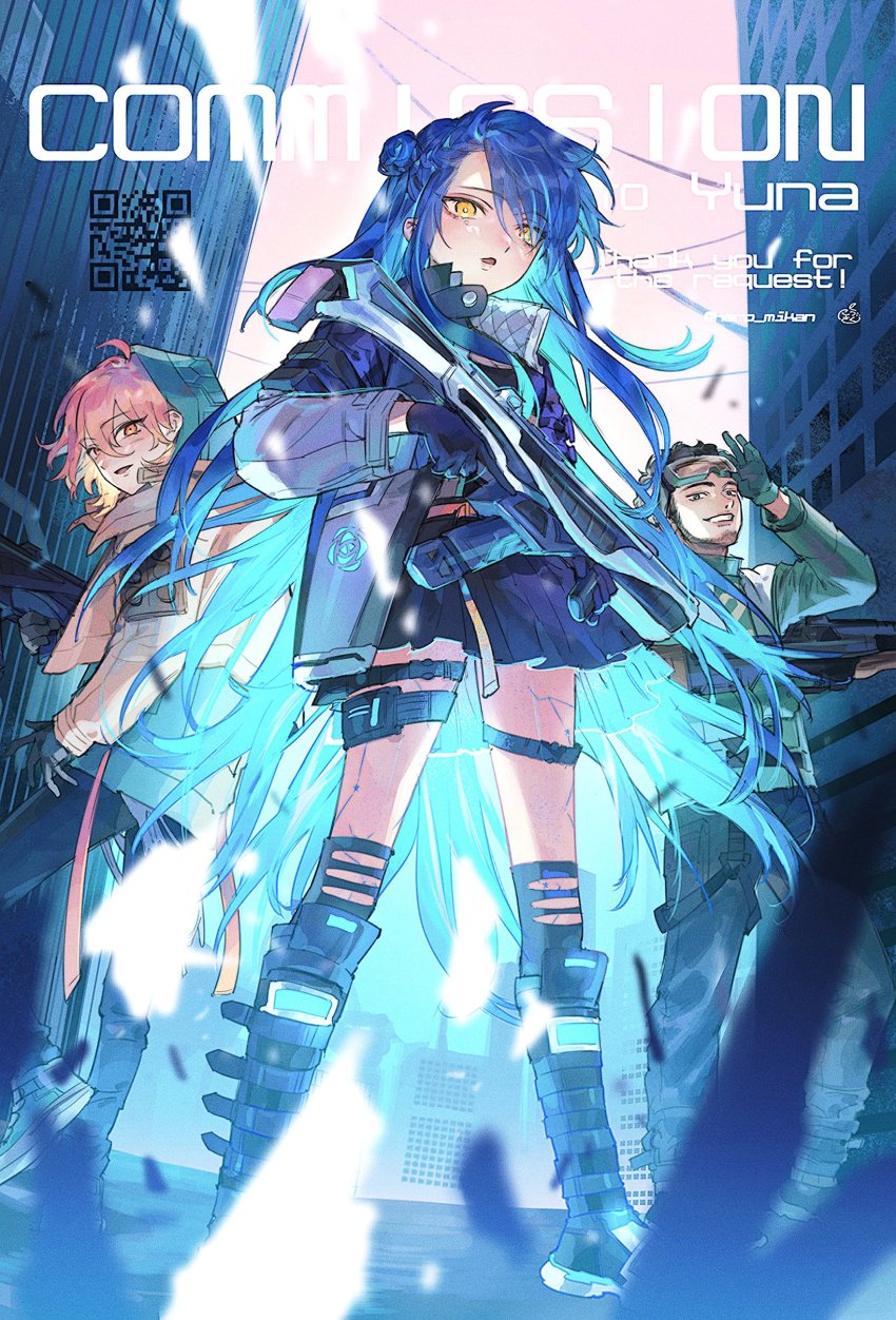 1girl, 2boys, absurdres, adapted_costume, angel_city_hustler_mirage, apex_legends, ash_(titanfall_2), ash_(titanfall_2)_(cosplay)