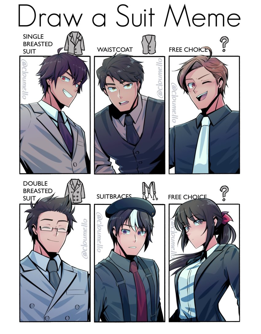 1girl, 5boys, ^_^, ahoge, alternate_costume, axis_powers_hetalia, beret, buttons