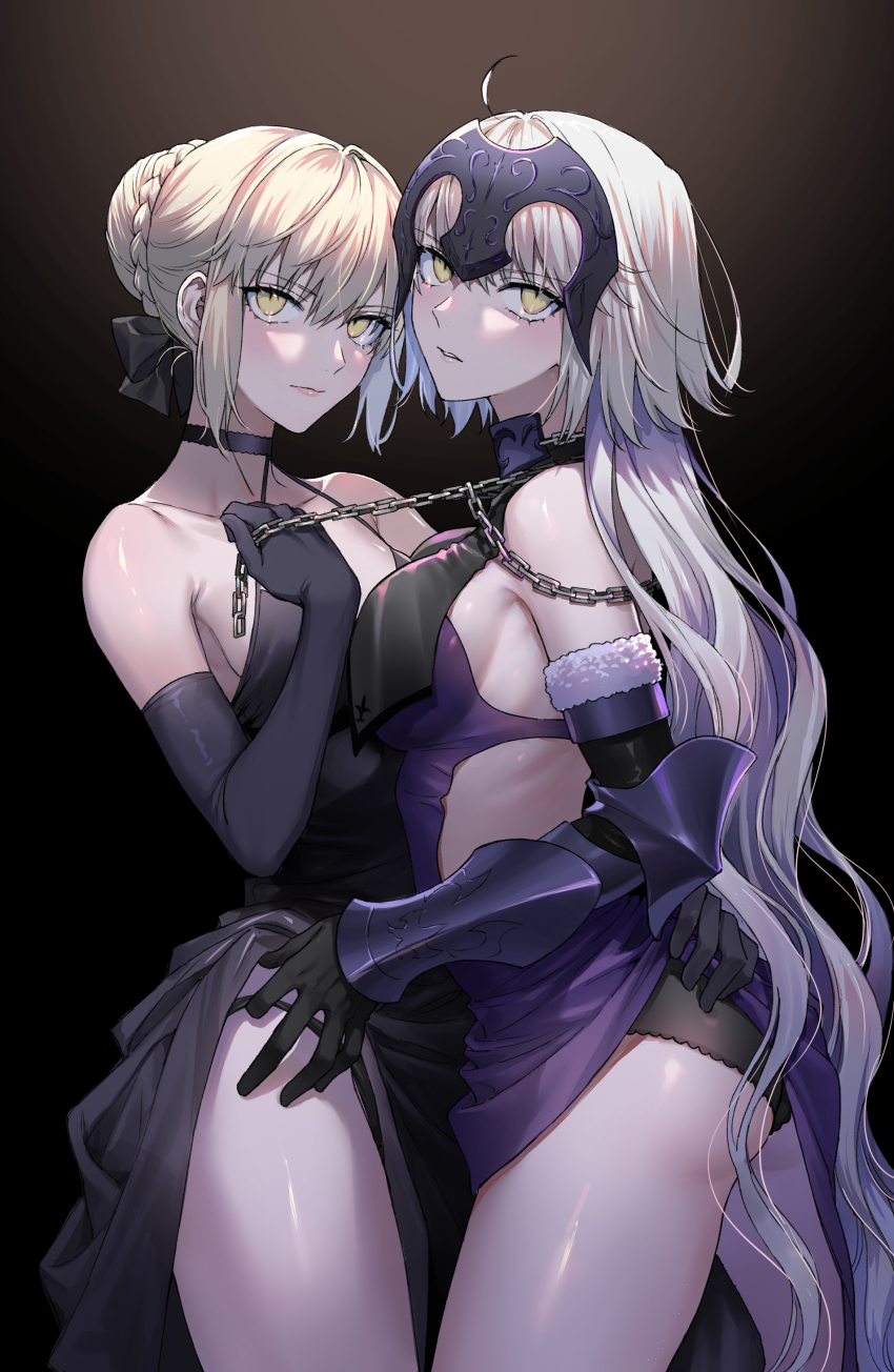 2girls, absurdres, ahoge, artoria_pendragon_(fate), ass, black_dress, black_panties, black_ribbon