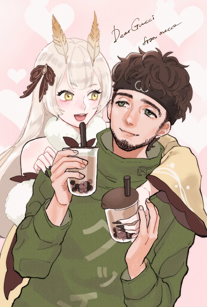 1boy, 1girl, antennae, beard, black_headwear, black_nails, bow, brown_bow, brown_hair, bubble_tea, cup, detached_sleeves, english_text, facial_hair, fur_scarf, green_jacket, gucci_(vtuber), hair_bow, hand_on_another's_shoulder, highres, holding, holding_cup, indie_virtual_youtuber, jacket, mecca_(pad_f00t), nail_polish, sanagi_yuzu, second-party_source, smile, v-shaped_eyebrows, virtual_youtuber, yellow_eyes