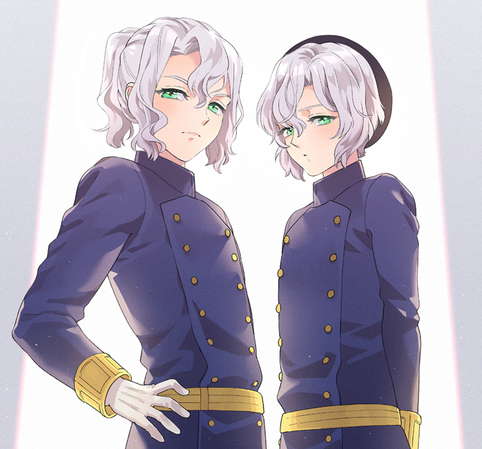 2boys, :o, arms_behind_back, ayuming, backlighting, belt, beret, black_headwear