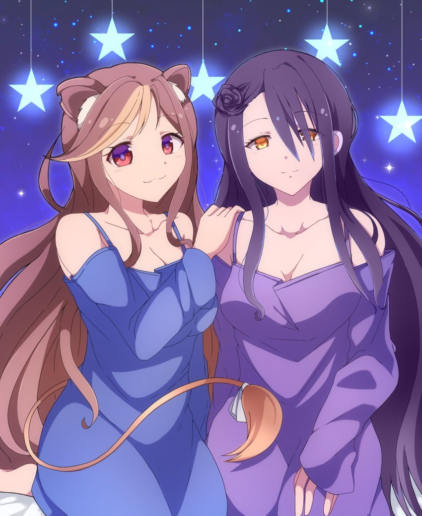 2girls, animal_ears, black_hair, blue_dress, botako_(botako1531), breasts, brown_eyes, brown_hair