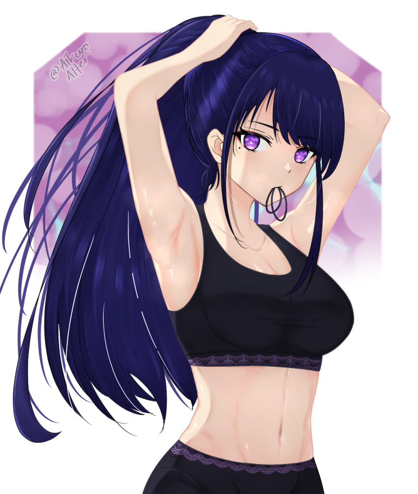 1girl, aikuroalter, alternate_costume, alternate_hairstyle, armpits, arms_up, artist_name, bare_arms, bare_shoulders, blue_hair, breasts, cleavage, collarbone, commentary_request, crop_top, genshin_impact, hair_tie_in_mouth, highres, large_breasts, looking_at_viewer, midriff, mole, mole_under_eye, mouth_hold, navel, ponytail, purple_eyes, raiden_shogun, solo, sports_bra, stomach, twitter_username, tying_hair, upper_body