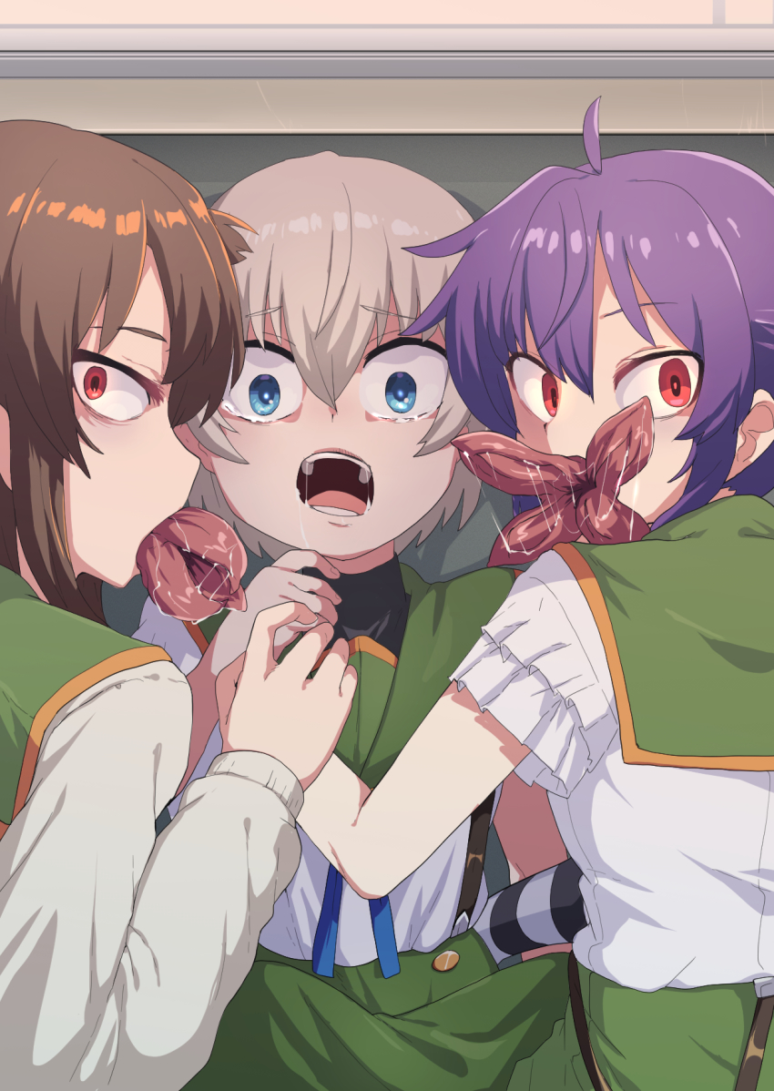 3girls, ahoge, blonde_hair, blue_eyes, brown_hair, commentary_request, crossover, ebisuzawa_kurumi, fuka_(kantoku), gakkou_gurashi!, green_skirt, hair_between_eyes, highres, horror_(theme), long_hair, looking_at_viewer, looking_back, majini, megurigaoka_high_school_uniform, multiple_girls, naoki_miki, open_mouth, purple_hair, red_eyes, resident_evil, resident_evil_5, scared, school_uniform, shirt, skirt, twintails, upper_body, wakasa_yuuri, white_shirt