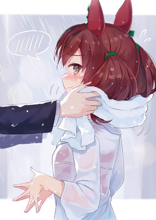 1girl, 1other, barufoa, blush, bodysuit, breasts, brown_eyes, brown_hair