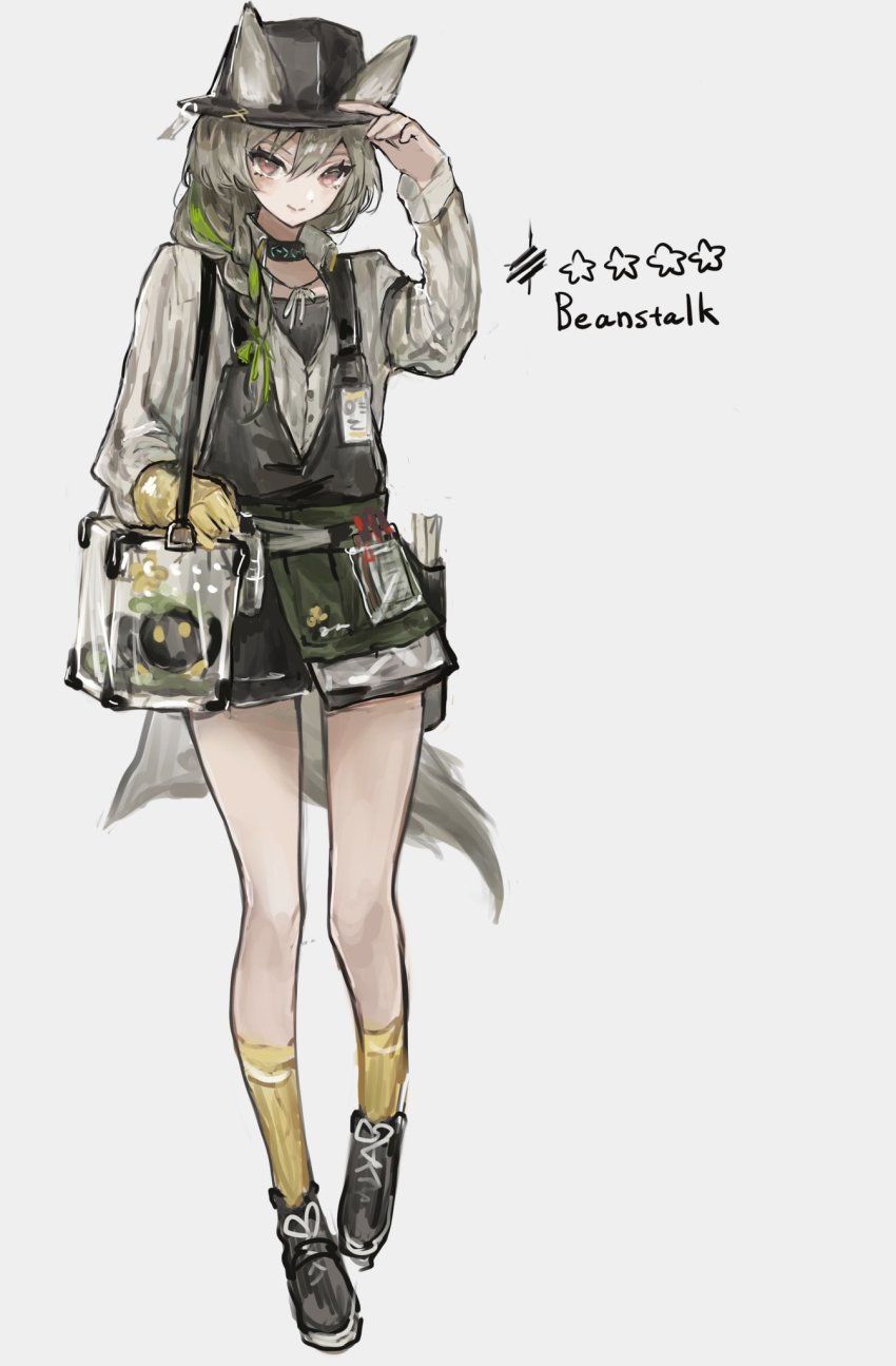 1girl, adjusting_clothes, adjusting_headwear, arknights, bag, beanstalk_(arknights), black_hat, black_shoes