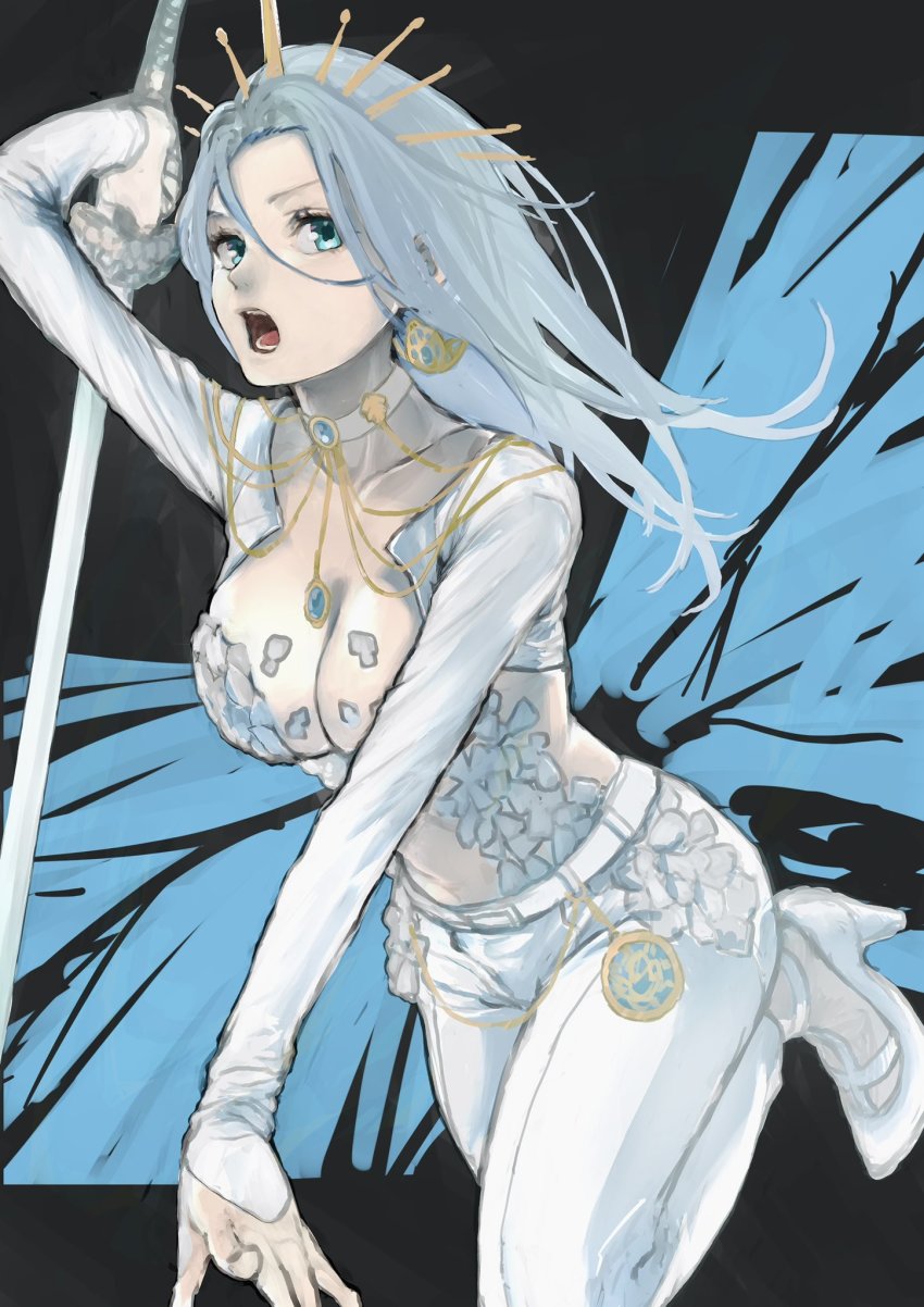 1girl, blue_eyes, breasts, cleavage, commission, earrings, grey_hair, headdress, high_heels, highres, holding, holding_sword, holding_weapon, indie_virtual_youtuber, jewelry, kakeshoooooo, medium_breasts, monarch_amalee, monarch_amalee_(1st_costume), necklace, open_mouth, pants, skeb_commission, solo, sword, virtual_youtuber, weapon, white_footwear, white_pants