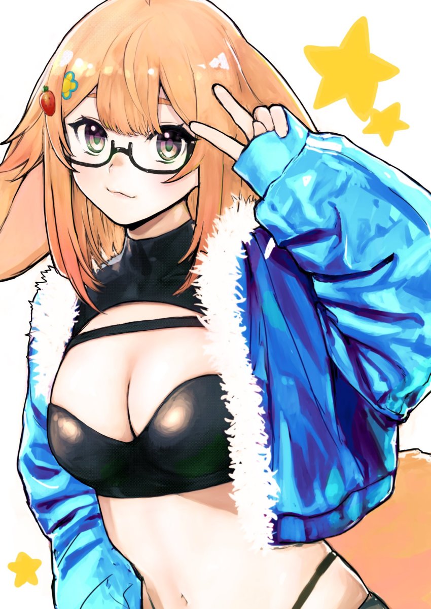 1girl, bonnie_(bunny_gif), breasts, brown_eyes, carrot_hair_ornament, cleavage, cleavage_cutout, clothing_cutout, commission, crop_top, eyebrows_visible_through_hat, food-themed_hair_ornament, glasses, hair_ornament, highres, indie_virtual_youtuber, kakeshoooooo, long_sleeves, looking_at_viewer, medium_breasts, navel, skeb_commission, sleeves_past_wrists, solo, star_(symbol), stomach, v, virtual_youtuber, white_background