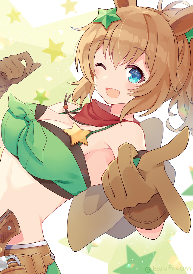 1girl, :d, animal_ears, armband, bandana, bandeau, bare_shoulders, barufoa