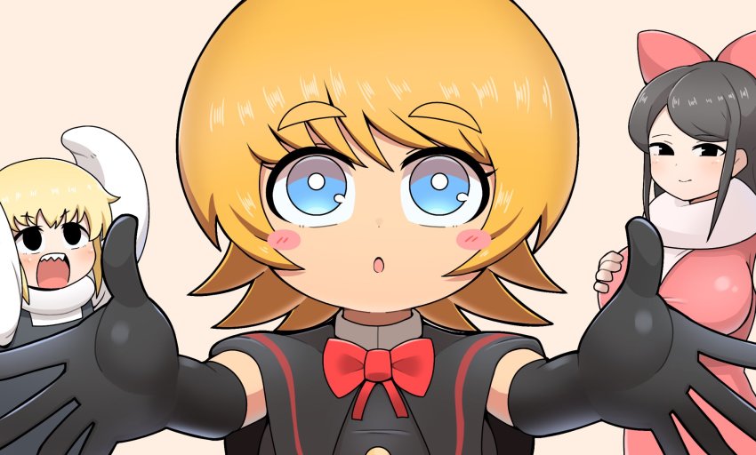 3girls, :o, black_capelet, black_eyes, black_gloves, black_hair, blonde_hair, blue_eyes