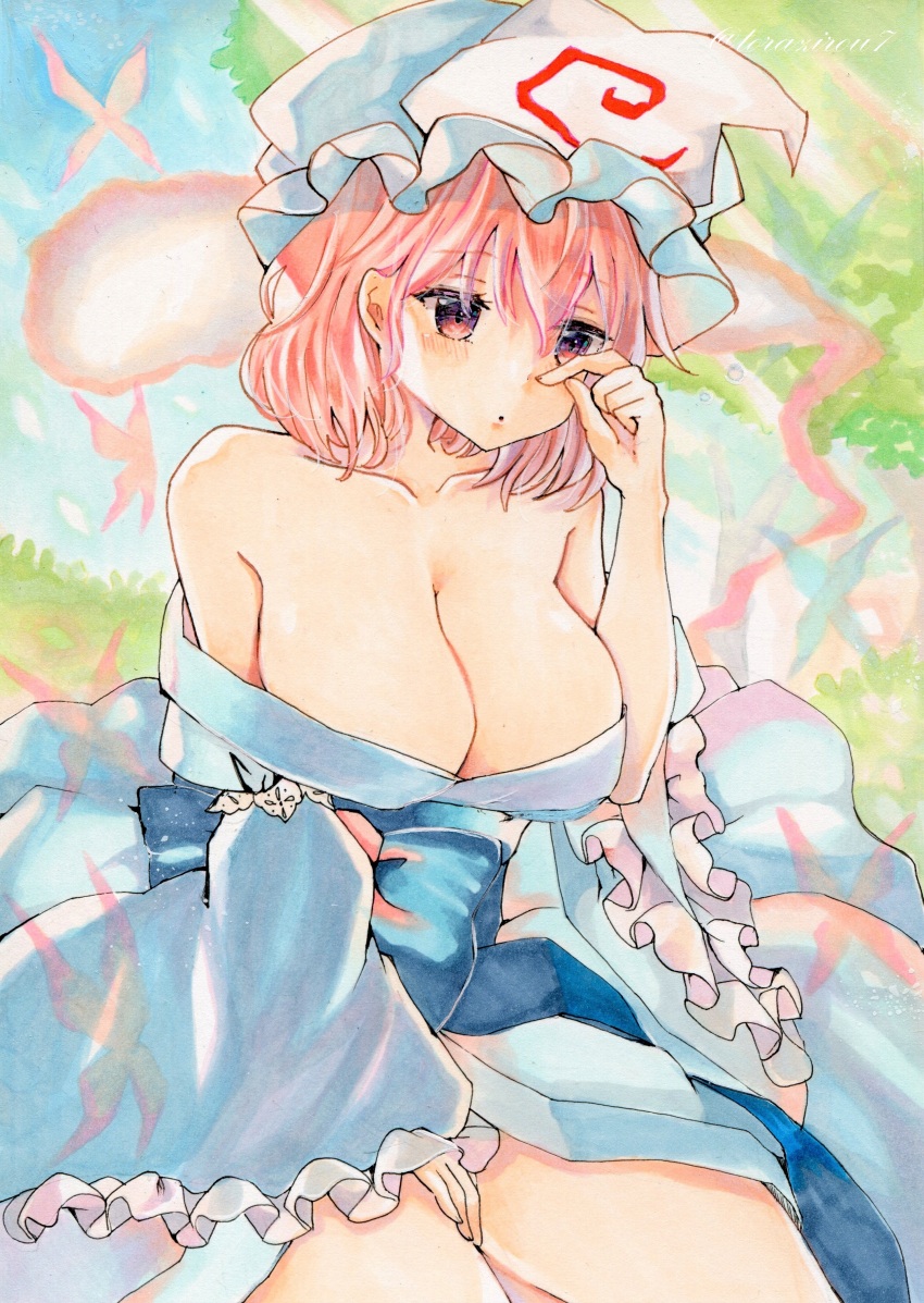 1girl, absurdres, bare_shoulders, blue_kimono, breasts, bug, butterfly, cleavage, collarbone, dutch_angle, frilled_sleeves, frills, hat, highres, insect, japanese_clothes, kimono, large_breasts, lsolo, marker_(medium), medium_hair, obi, off_shoulder, pink_eyes, pink_hair, rubbing_eyes, saigyouji_yuyuko, sash, solo, torajirou_(toraneko_zirou), touhou, traditional_media
