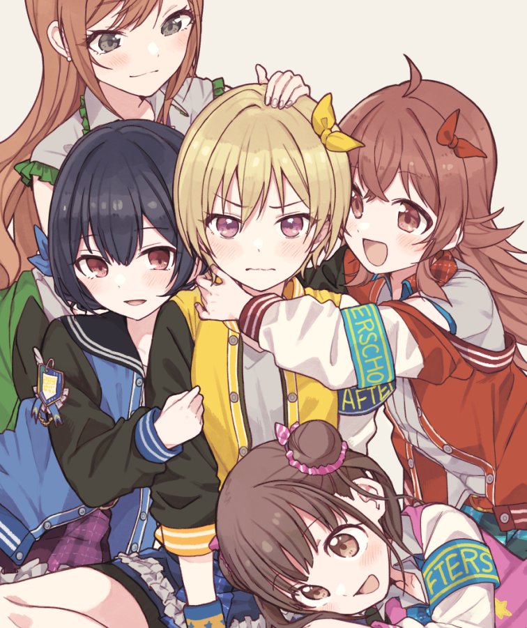 5girls, arisugawa_natsuha, black_hair, blonde_hair, blue_ribbon, blush, brown_eyes, brown_hair