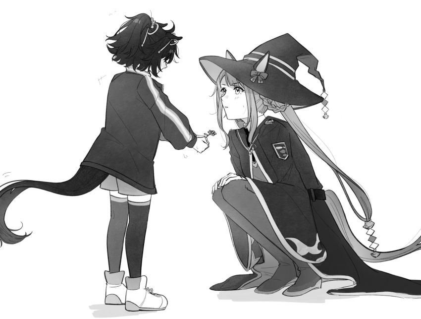 2girls, age_difference, aged_down, aged_up, ahoge, animal_ears, braid, commentary