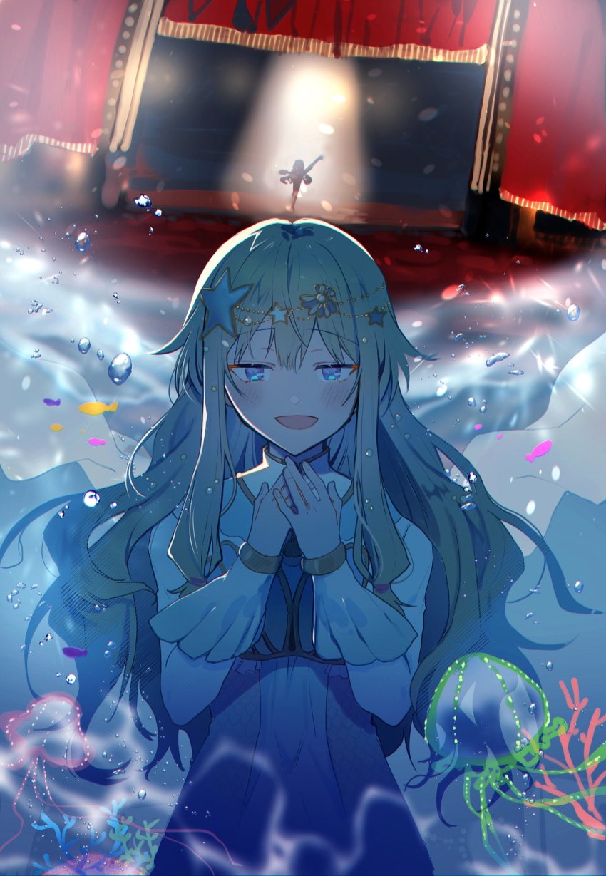 1girl, :d, hair_ornament, hands_up, highres, jellyfish, kusanagi_nene, manami_(aph-23)