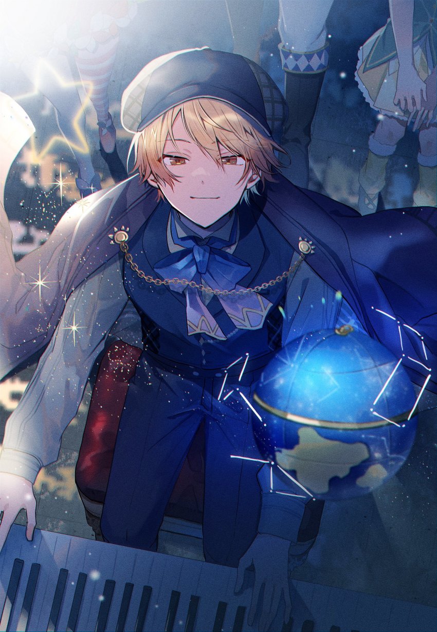 blonde_hair, newsboy_cap, cape, from_above, globe, hair_between_eyes, hat, highres