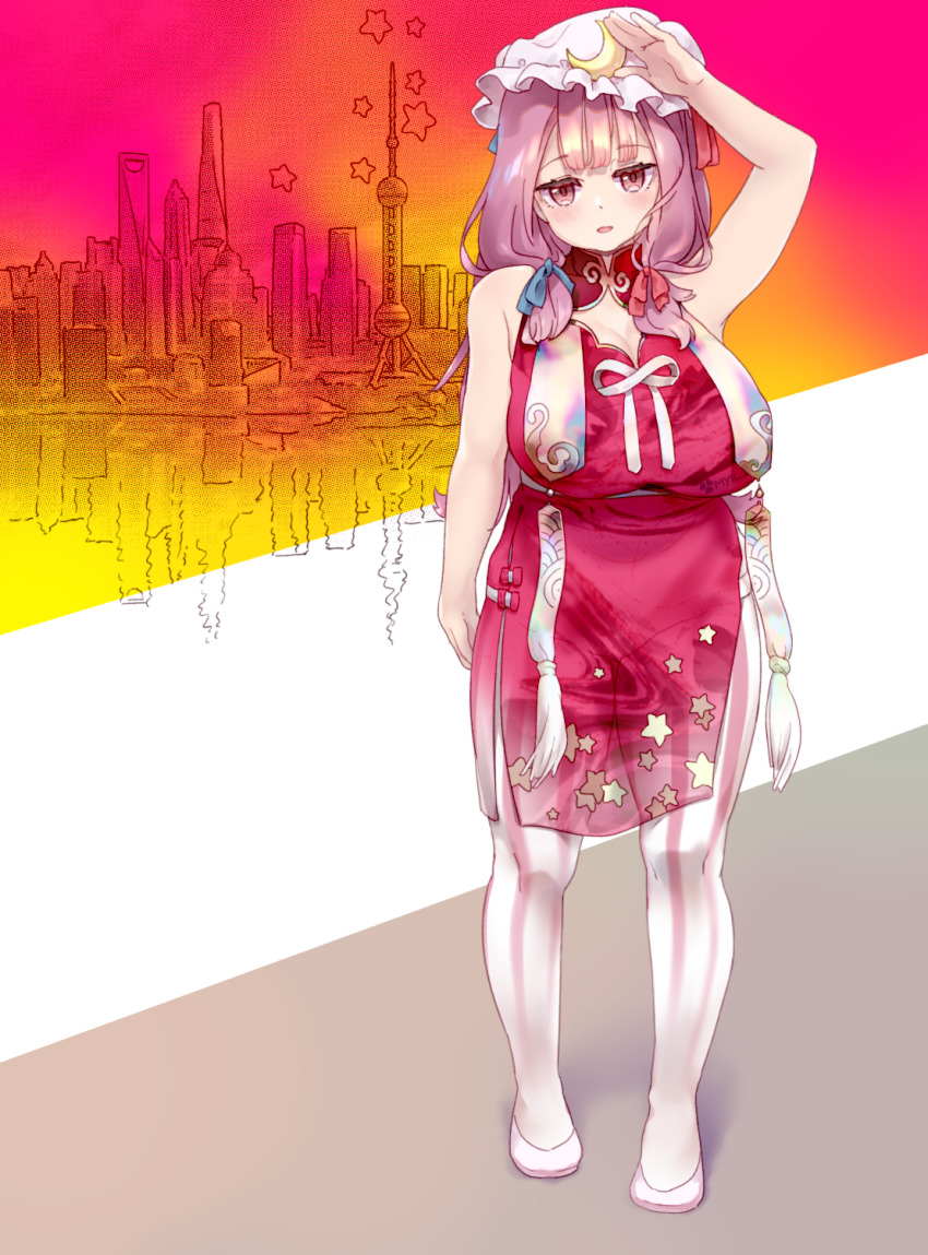 1girl, alternate_costume, arm_up, blue_bow, blush, bow, breasts, building