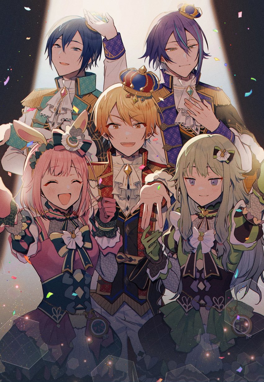 :d, ^_^, animal_ears, blonde_hair, blue_hair, bow, closed_eyes, crown