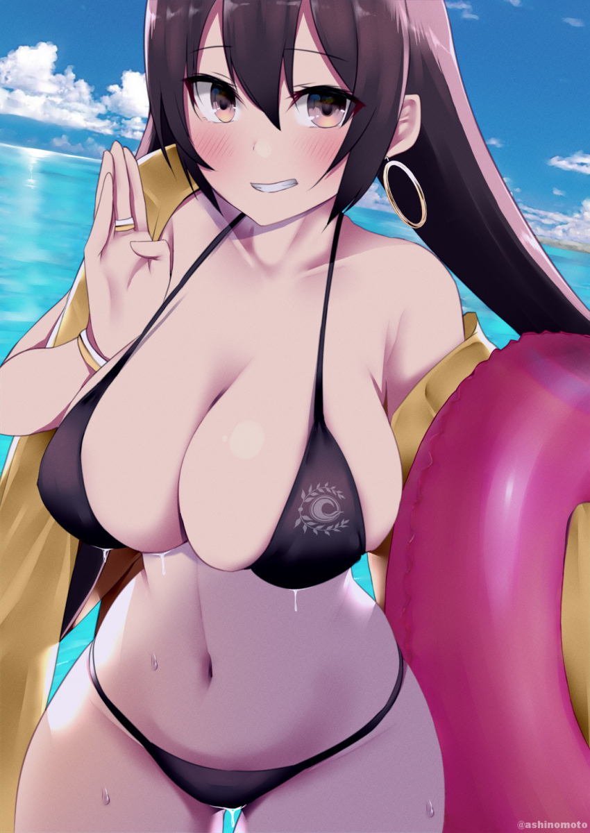 1girl, ashino_moto, beach, bikini, black_bikini, blue_sky, breasts, brown_hair, cleavage, earrings, fate/grand_order, fate_(series), grin, hair_between_eyes, highres, hoop_earrings, innertube, jewelry, large_breasts, long_hair, looking_at_viewer, ocean, purple_eyes, sky, smile, solo, swim_ring, swimsuit, thighs, xuangzang_sanzang_(fate)