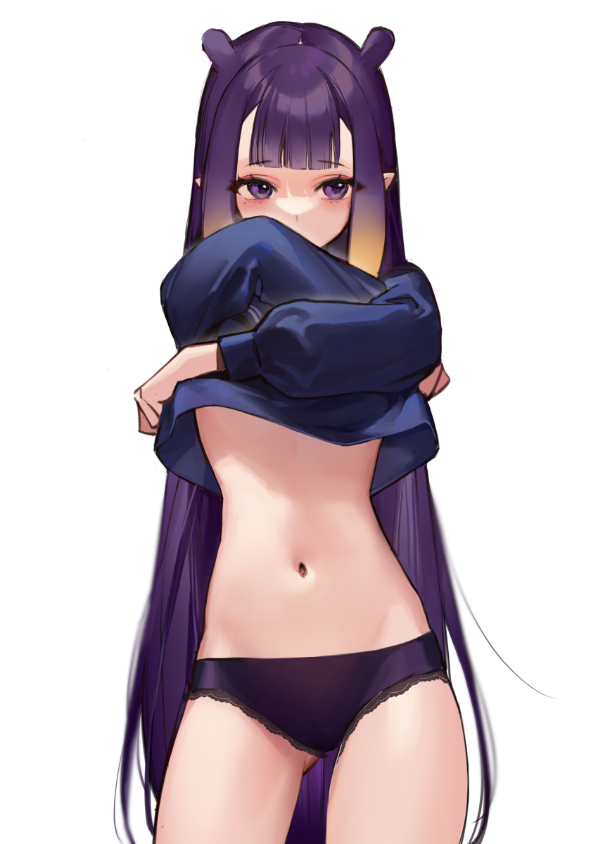 1girl, absurdres, black_panties, blue_sweater, blunt_bangs, clothes_lift, commentary, cowboy_shot