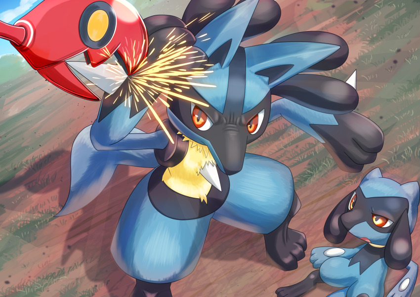 absurdres, battle, commentary_request, day, evolutionary_line, furry, gen_2_pokemon, gen_4_pokemon