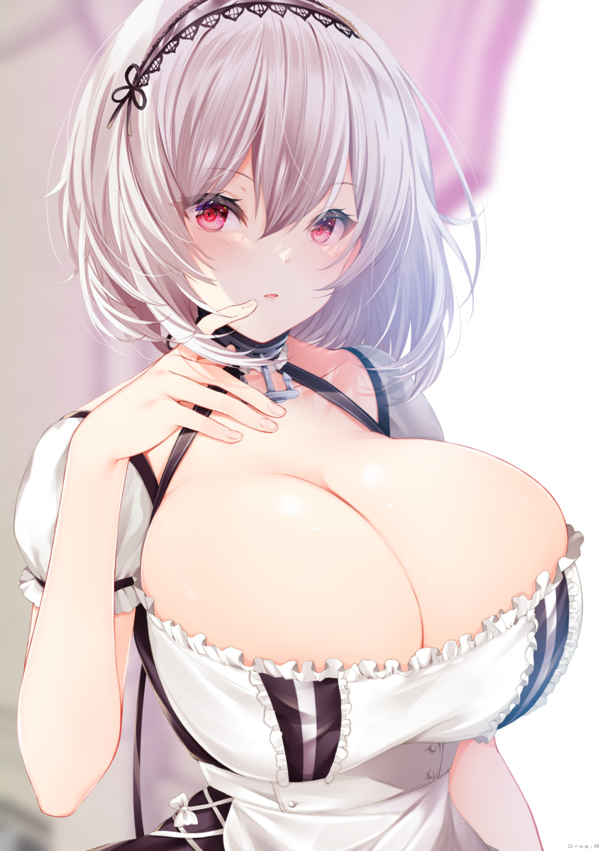 1girl, azur_lane, breasts, cleavage, drop.b, frills, hairband, hand_up, highres, huge_breasts, looking_at_viewer, parted_lips, puffy_short_sleeves, puffy_sleeves, red_eyes, shirt, short_hair, short_sleeves, sirius_(azur_lane), solo, upper_body, white_hair, white_shirt