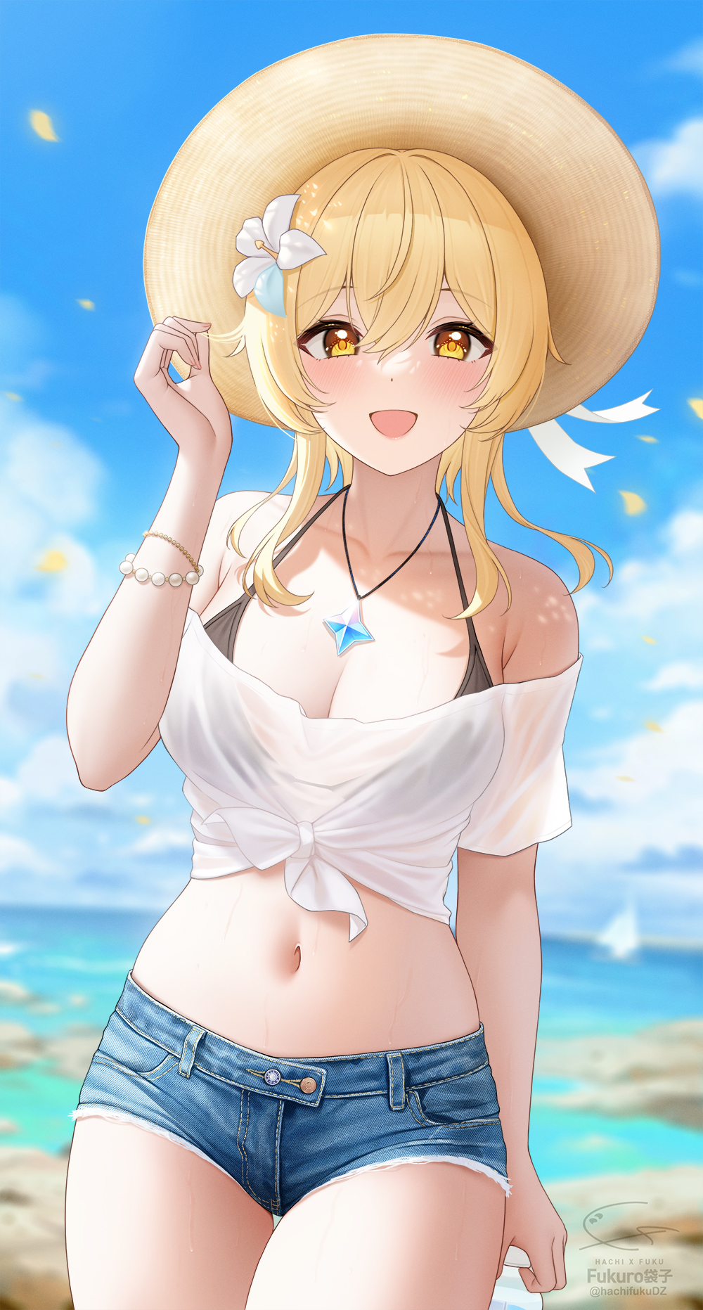 1girl, :d, arm_at_side, artist_name, bead_band, bikini, bikini_top_only, bikini_under_clothes, black_bikini, blonde_hair, blue_sky, blurry, blurry_background, blush, bottle, breasts, cleavage, cloud, cloudy_sky, cowboy_shot, crop_top, day, denim, denim_shorts, falling_petals, flower, fukuro_daizi, genshin_impact, hair_between_eyes, hair_flower, hair_ornament, halterneck, hat, highres, holding, holding_bottle, holding_own_hair, jewelry, looking_at_viewer, lumine_(genshin_impact), medium_breasts, midriff, navel, necklace, ocean, off-shoulder_shirt, off_shoulder, open_mouth, outdoors, petals, see-through_clothes, see-through_sleeves, shirt, short_hair_with_long_locks, short_shorts, short_sleeves, shorts, signature, sky, smile, solo, standing, summer, sun_hat, swimsuit, thigh_gap, thighs, tied_shirt, twitter_username, wet, white_flower, white_shirt, yellow_eyes