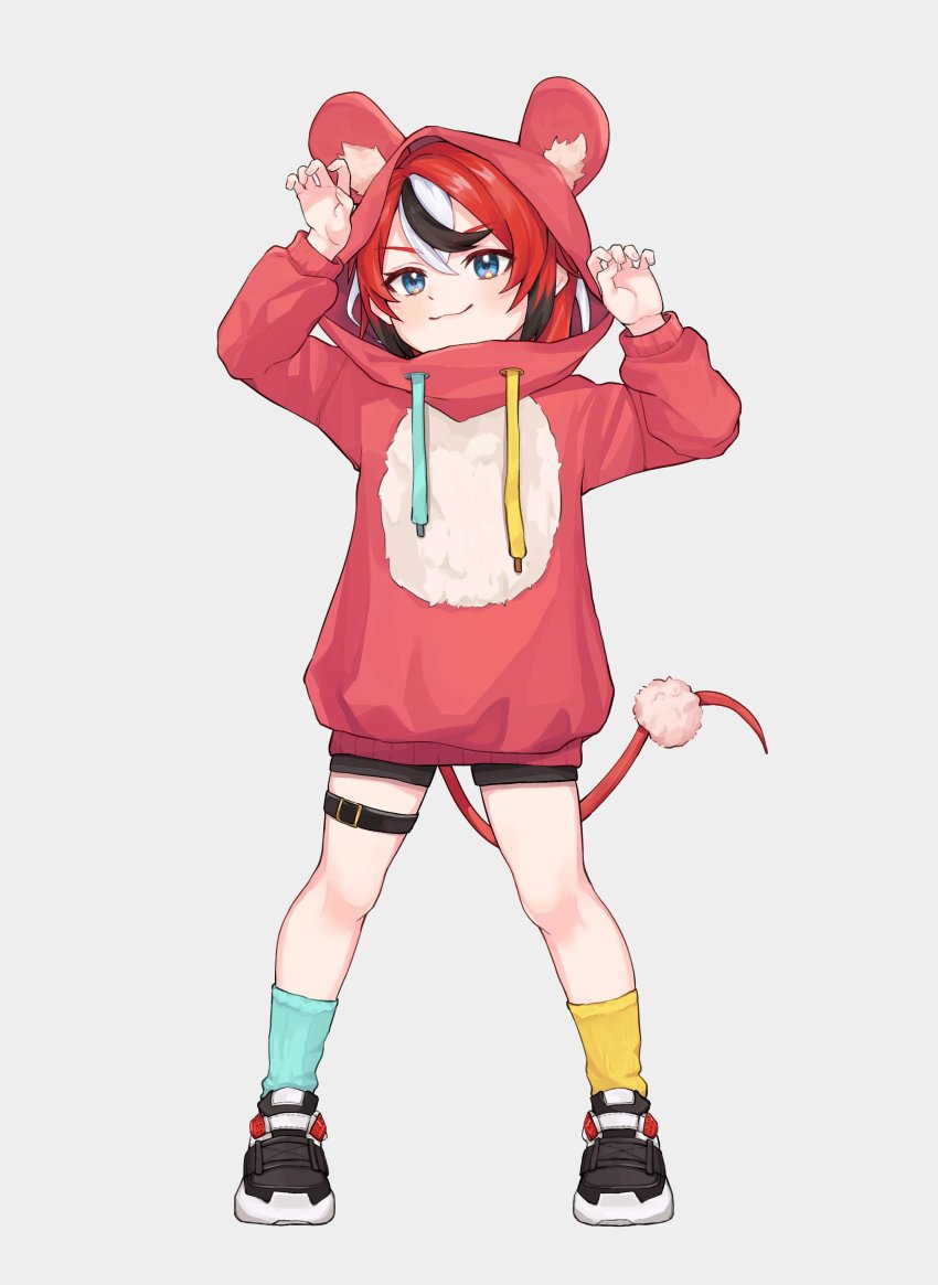 1girl, :3, absurdres, aged_down, alternate_costume, animal_hood, asymmetrical_legwear, bike_shorts, black_hair, blue_eyes, commentary, drawstring, english_commentary, full_body, grey_background, hair_between_eyes, hakos_baelz, highres, hololive, hololive_english, hood, hood_up, hoodie, legs_apart, long_sleeves, looking_at_viewer, mismatched_legwear, mixed-language_commentary, mouse_hood, mouse_tail, multicolored_hair, pink_hoodie, rantofish, red_hair, shoes, simple_background, smile, sneakers, socks, solo, standing, streaked_hair, tail, thigh_strap, virtual_youtuber, white_hair
