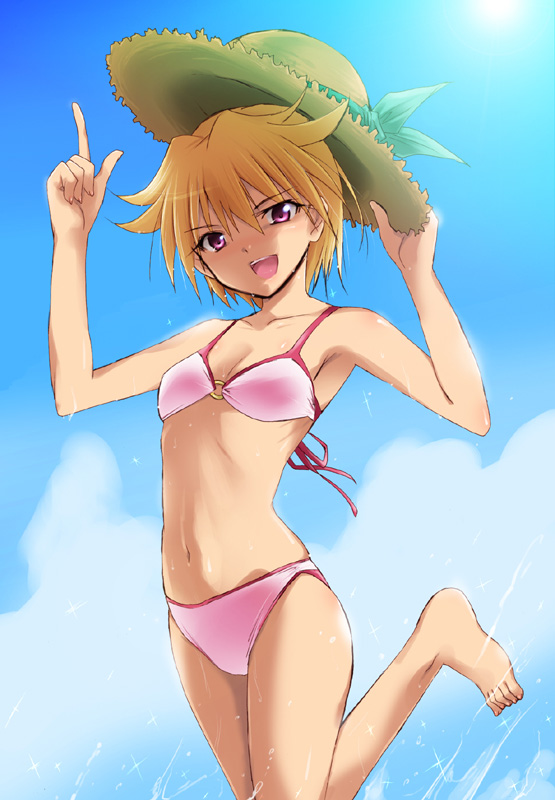 armpits, barefoot, bikini, blonde_hair, feet, hat, ijuuin_mei, kaiga, o-ring, o-ring_top, pink_bikini, purple_eyes, short_hair, solo, splashing, straw_hat, sun_hat, swimsuit, tokimeki_memorial, tokimeki_memorial_2, water